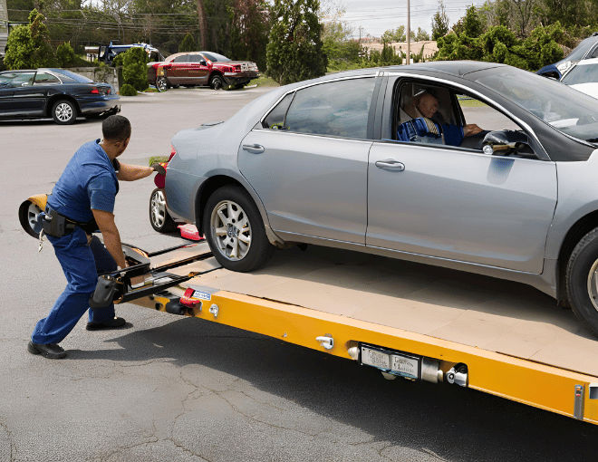 Tow truck lifting a car from a parking lot, with the driver carefully aligning the towing equipment.