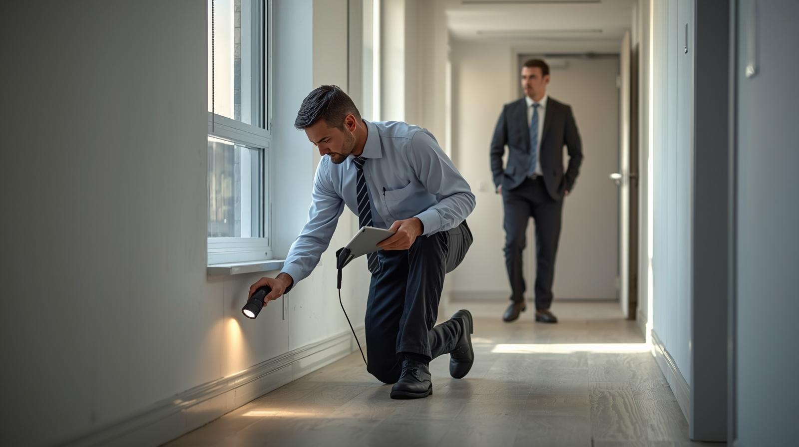 Professional exterminator inspecting apartment hallway while property manager observes in bright housing environment.